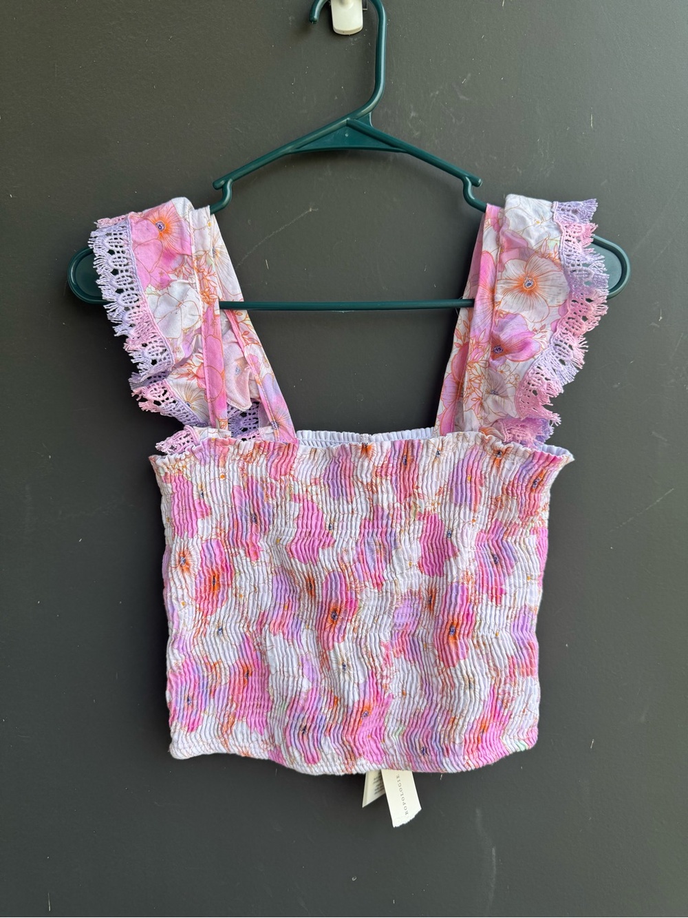 Peixoto Pink Floral Smocked Lace-Trim Crop Top